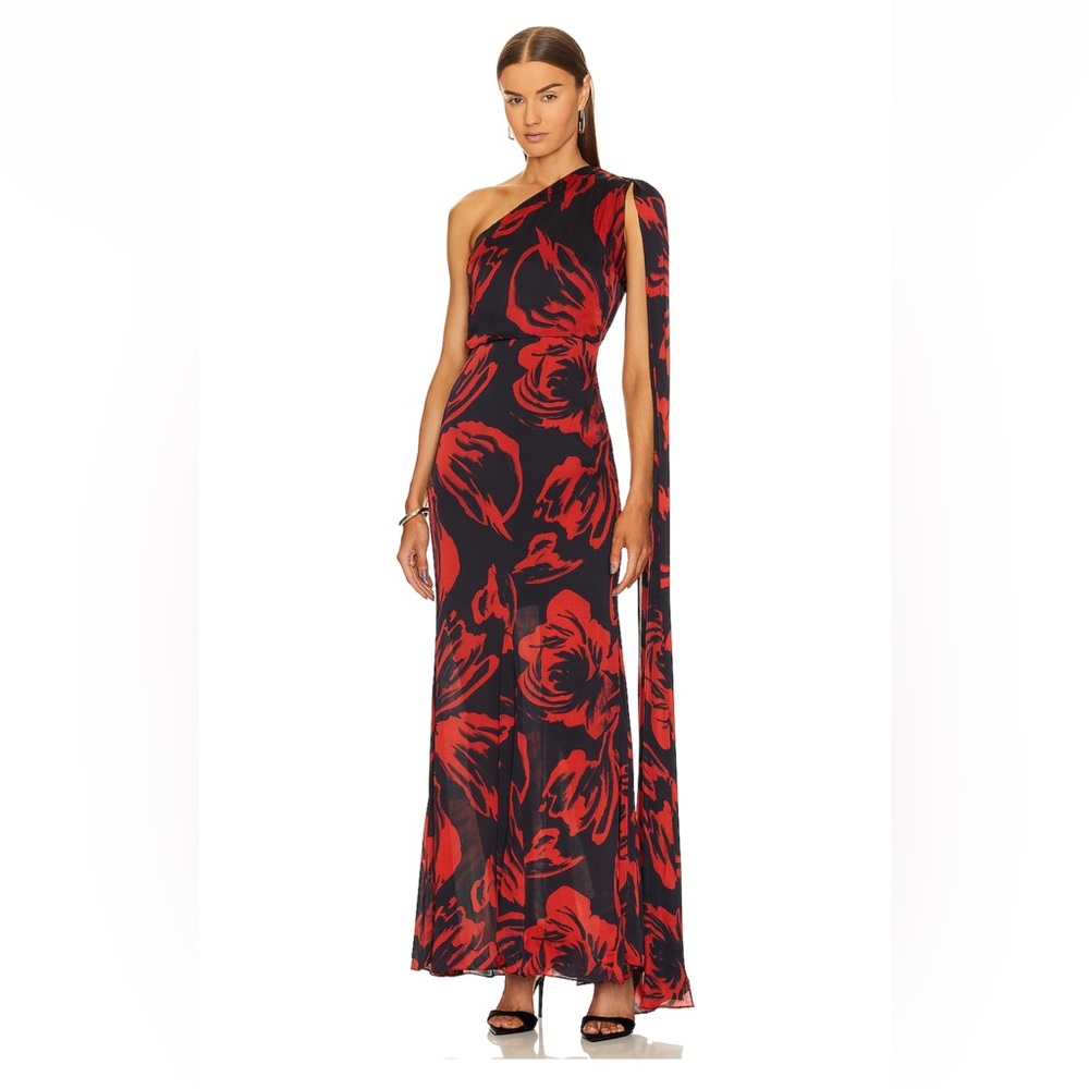 Yaura Adanna Gown — perfect wedding guest dress! Red and black, sheer elegance